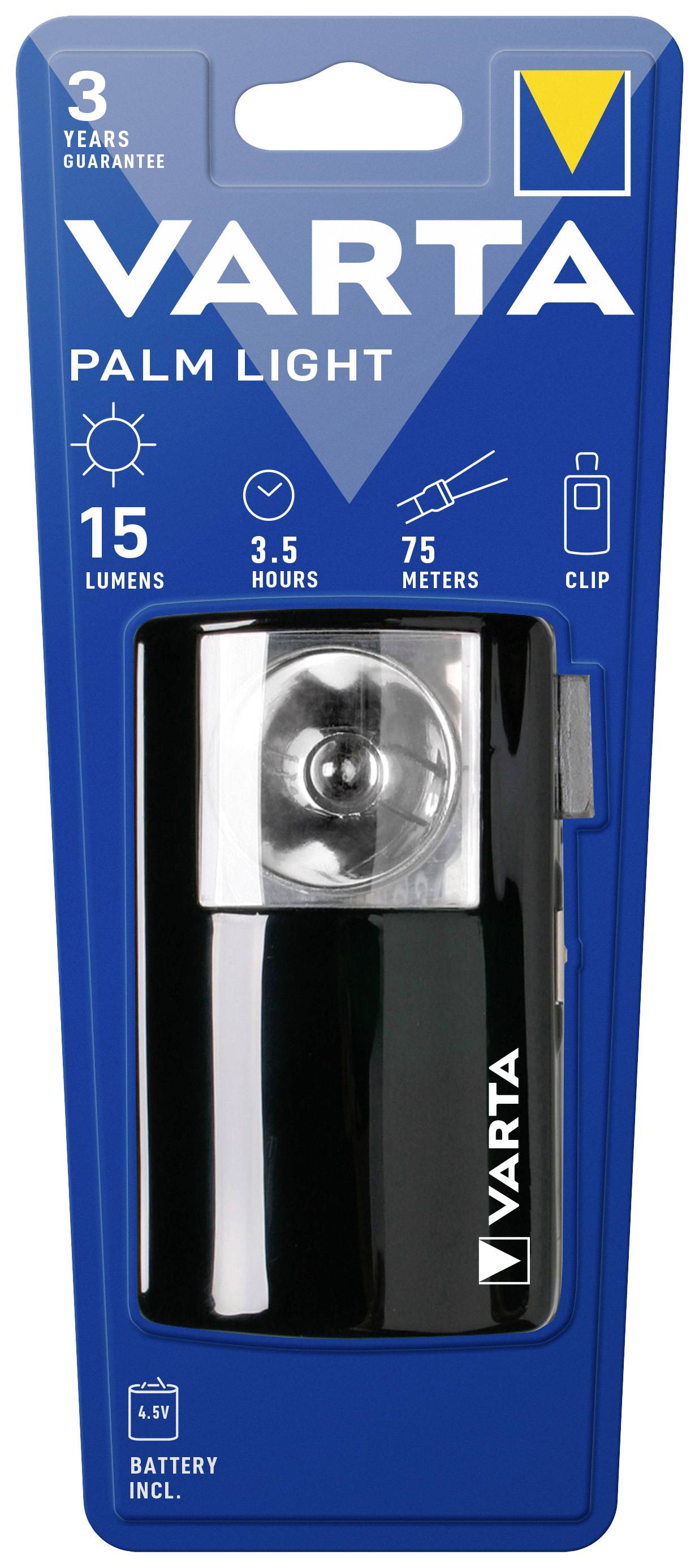 Emballage d'une lampe de poche Varta Palm Light de 15 lumens, avec une durée de fonctionnement de 3,5 heures, une portée de 75 mètres et un clip. Pile incluse.