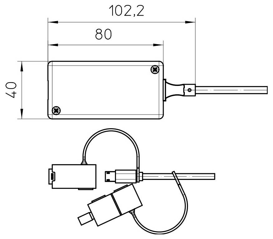 Schéma d'un dispositif rectangulaire avec les dimensions : 102,2 mm sur 40 mm. Il comprend un câble avec des connecteurs représentés en vue latérale.