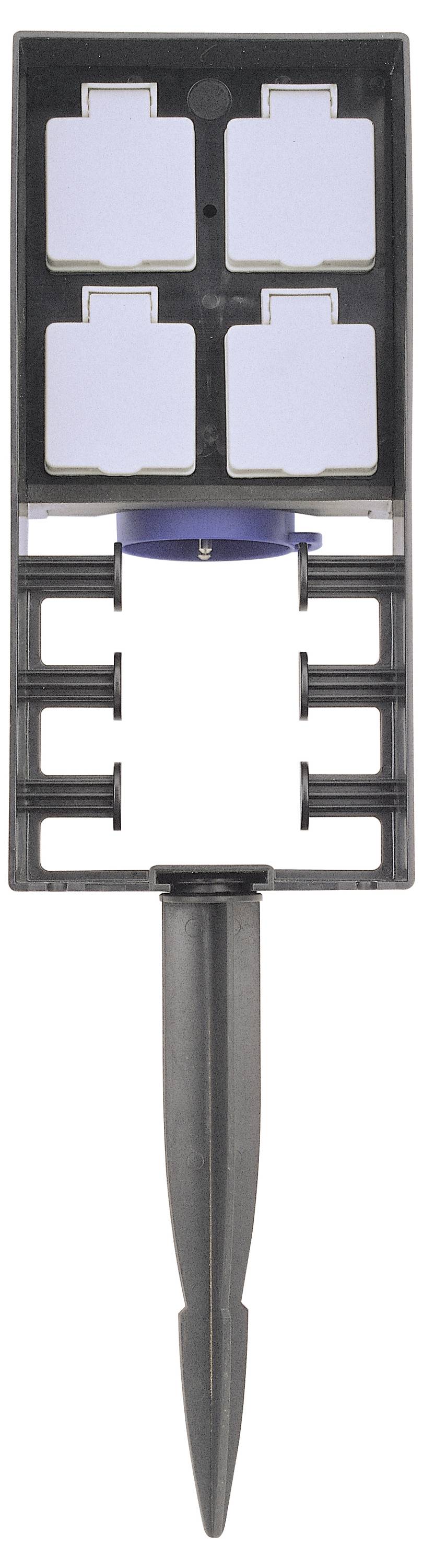 Un cadre rectangulaire noir avec quatre carrés gris clairs au-dessus et huit fentes étroites en dessous, monté sur un piquet pointu.