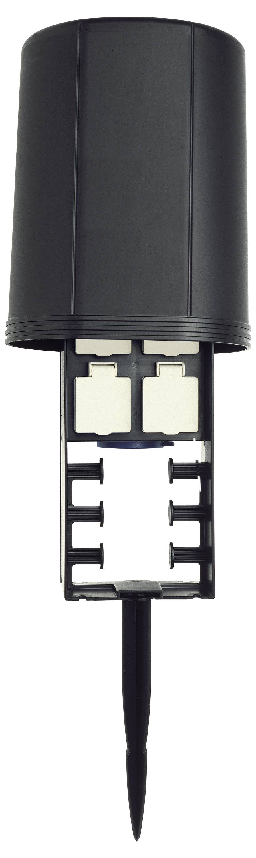 Un pluviomètre noir avec un piquet pointu à la base pour l'insertion dans le sol.