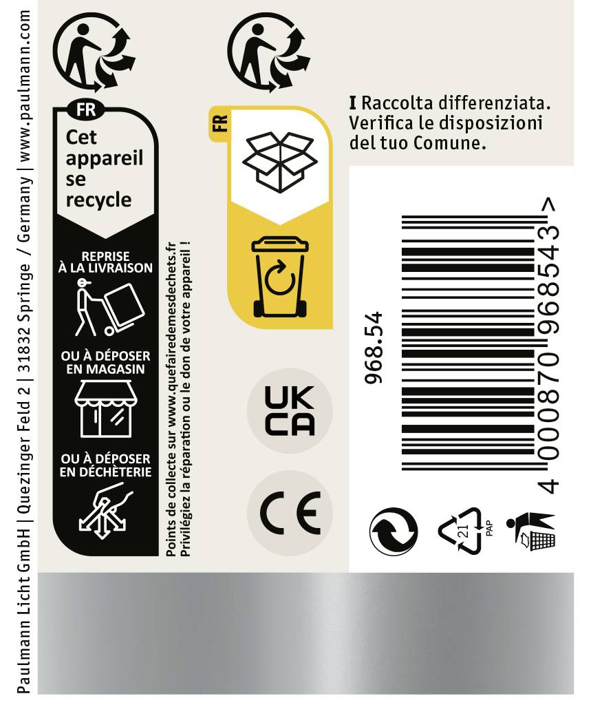 Voici l'étiquette traduite en français :« Cet appareil se recycle »Symboles de recyclageCoordonnées de Paulmann Licht GmbHCodes-barres visibles