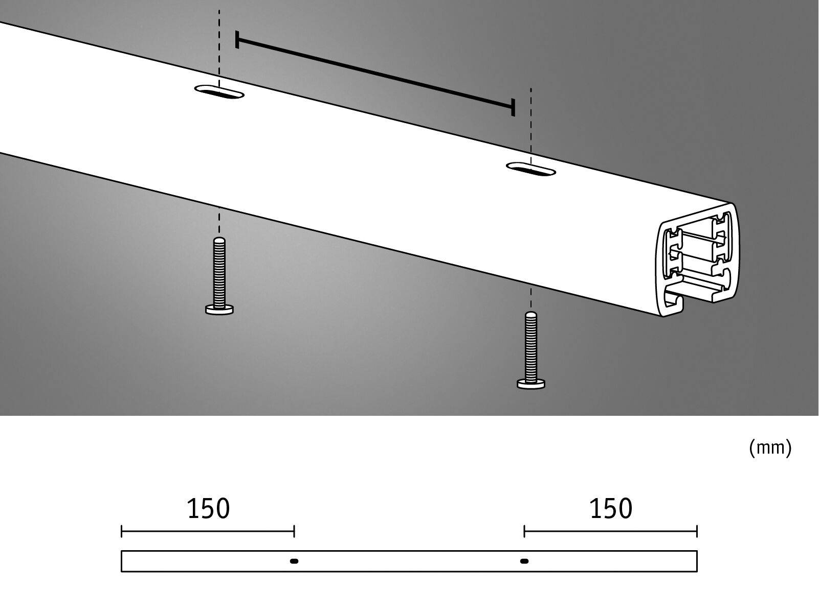 Instructions de montage : Profilé horizontal avec trous de perçage. Les trous sont espacés de 150 mm. Vis de fixation illustrées.