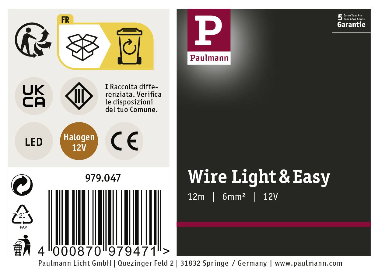 Étiquette d'emballage Paulmann Wire Light & Easy : LED Halogène 12V, longueur 12m, câble 6mm². Conforme UE et UK. Contient une indication de mise au rebut et le marquage CE.