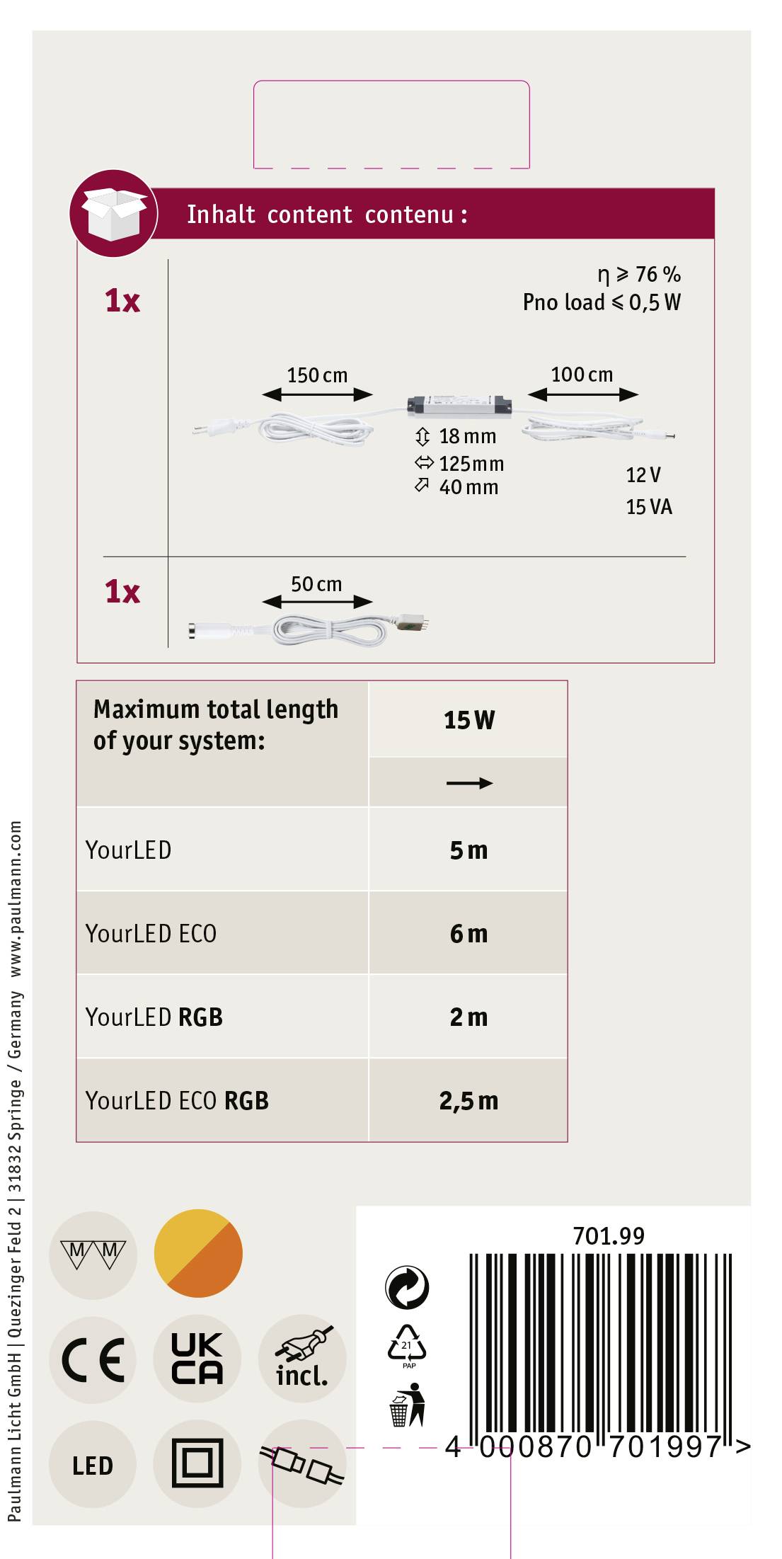Dos de l'emballage pour alimentation électrique LED. Contient la longueur des câbles (150 cm, 50 cm), charge maximale du système (15W) et instructions d'utilisation.