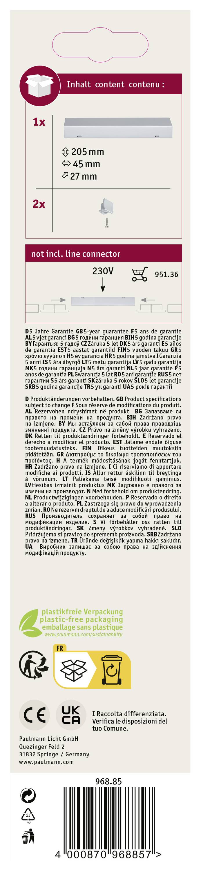 Verso de l'emballage d'une ampoule avec des symboles de classe énergétique, des avertissements et des informations sur le fabricant. Contient des détails sur le modèle et les performances.