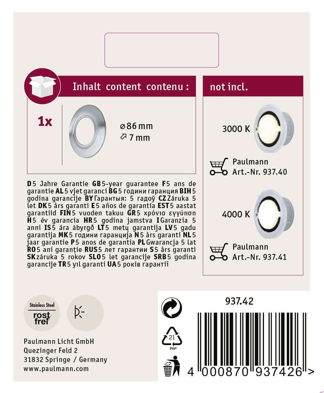 'Anneau' de 86 mm de diamètre indiqué. Deux ampoules à incandescence, 3000 K et 4000 K, non incluses. Numéro d'article 937.42. Informations sur la garantie et contact ci-dessous.