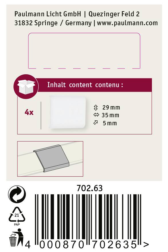 'Paulmann Licht GmbH, Quezinger Feld 2, 31832 Springe, Allemagne, www.paulmann.de.' Emballage pour 4x Lumière. Dimensions : 29x35x5 mm. Code-barres en bas.
