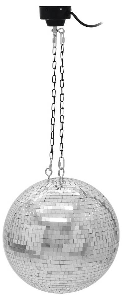 Boule à facettes argentée réfléchissante suspendue à des chaînes avec un crochet de montage noir et un cordon au-dessus.