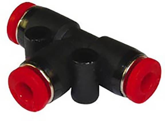 Raccord de tuyau en T en plastique noir avec des extrémités rouges, utilisé pour connecter trois tuyaux ou tubes dans les systèmes pneumatiques.