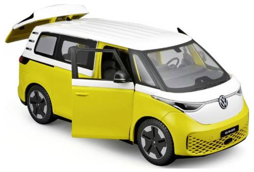 Un Volkswagen Combi jaune et blanc avec la porte et le coffre ouverts. Le modèle de véhicule est conçu dans un style rétro-moderne.