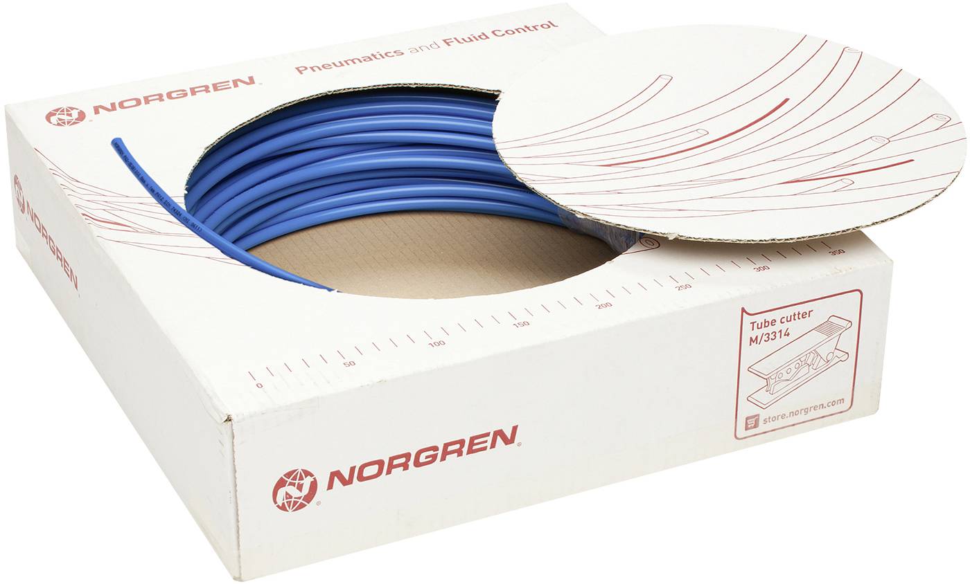 Une boîte blanche avec un rouleau de tube bleu, étiqueté 'Norgren', indique une coupe précise des tubes à travers une échelle.