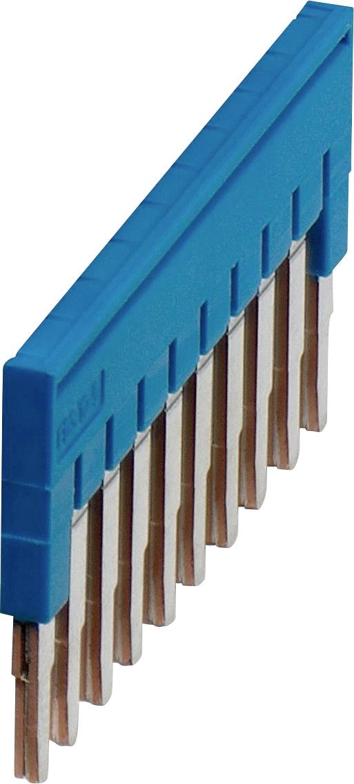 Une image d'une barre omnibus électrique bleue avec plusieurs broches métalliques, utilisée pour la distribution d'électricité dans les tableaux électriques, inclinée pour la visibilité.