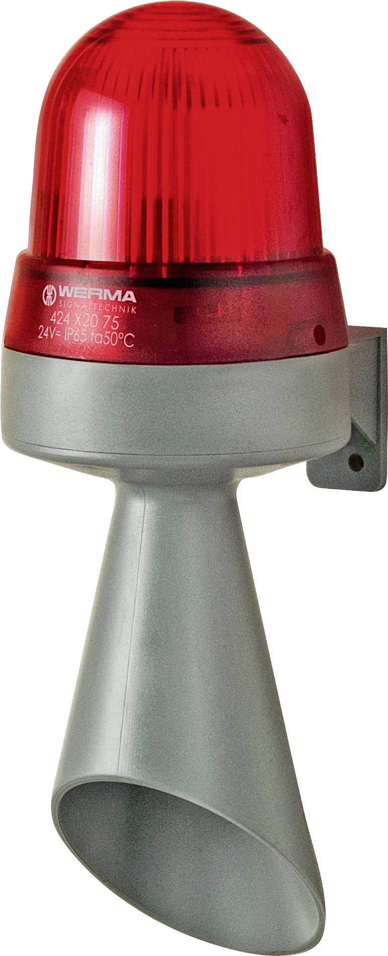 Un feu d'avertissement d'urgence rouge avec une corne grise attachée sur un support mural, généralement utilisé pour signaler des alertes dans les environnements industriels.