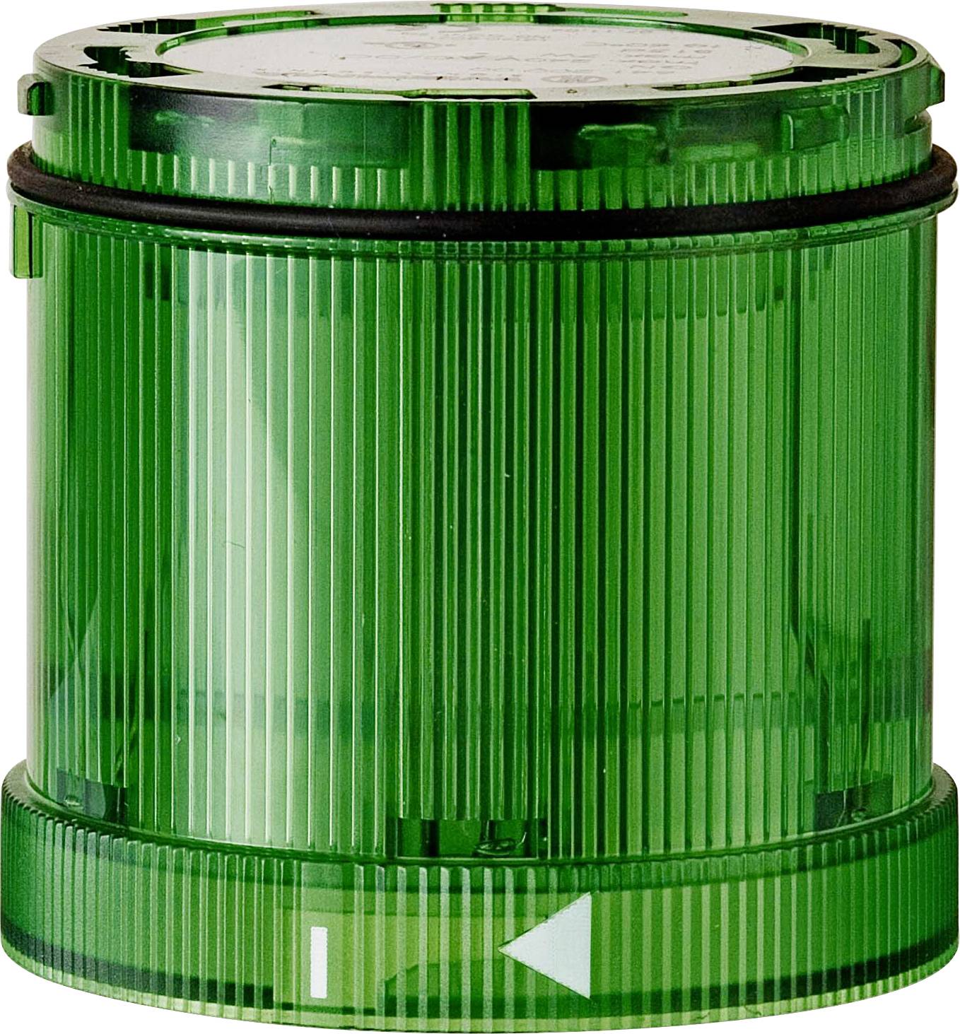 Récipient en plastique transparent vert avec surface cannelée ; ouverture en haut et symbole de flèche en bas comme indication.