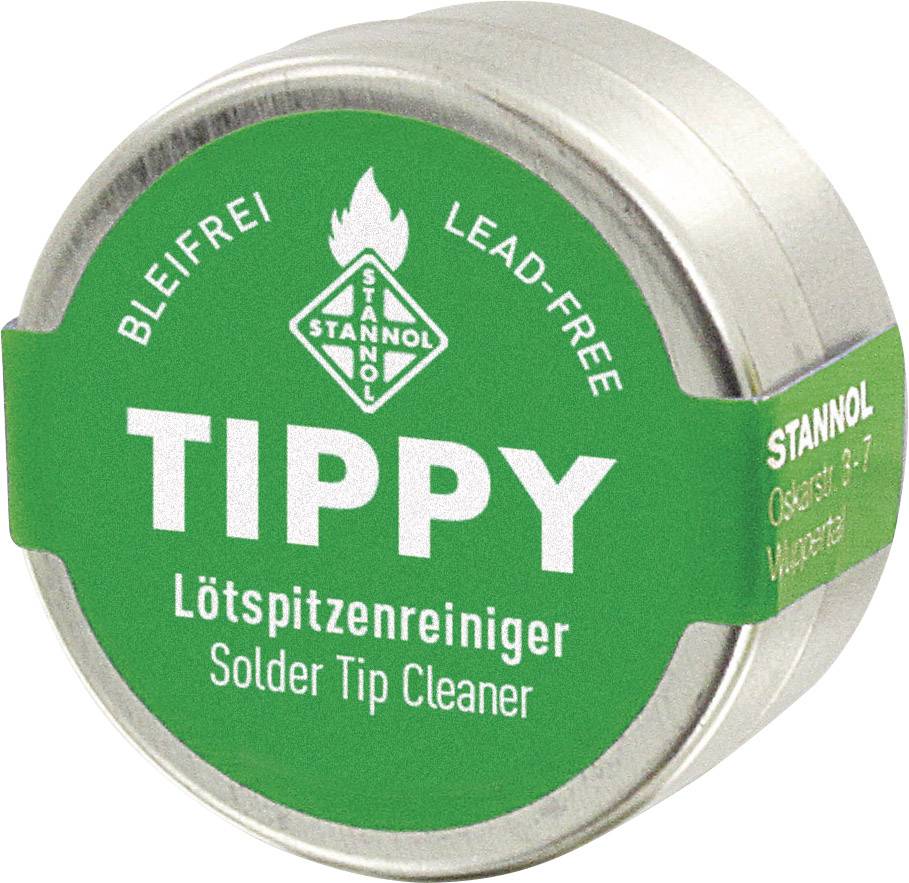 Boîte ronde verte portant l'inscription « TIPPY Nettoyant de pointe de fer à souder, sans plomb ». L'étiquette affiche la marque Stannol.