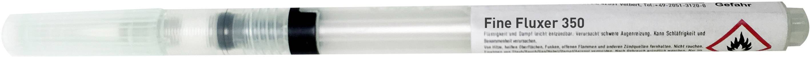 Un tube en plastique plat avec un symbole d'avertissement d'inflammabilité et le texte 'Fin Fixer 90'.