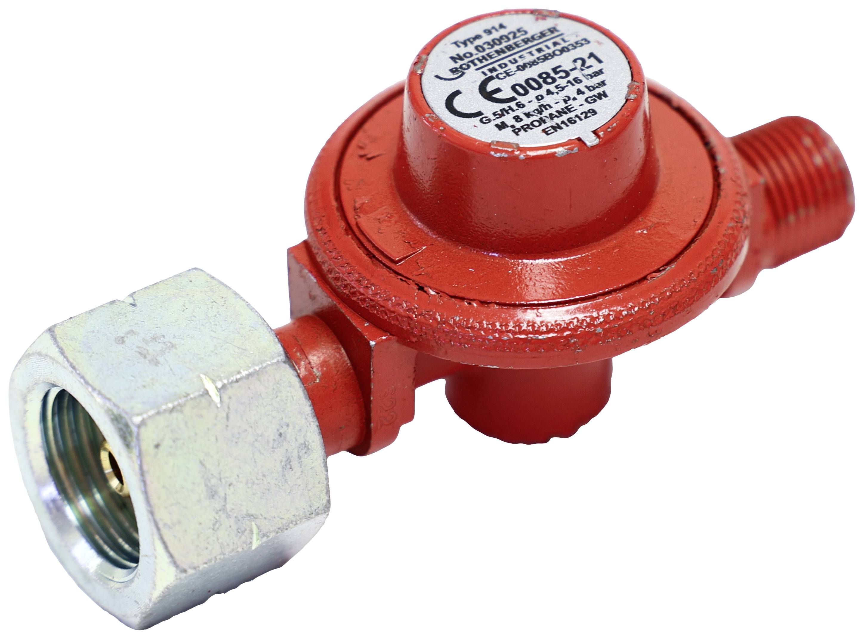 Régulateur de pression de gaz rouge avec raccordement vissable, adapté pour une utilisation sur des bouteilles de gaz afin de réguler la pression.