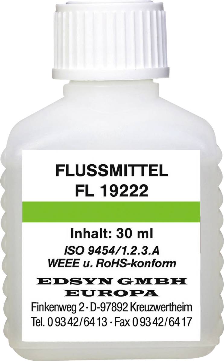 'Flux FL 19222' Bouteille, 30 ml de contenu. Certifié ISO 9454/1.2.3.A, conforme aux normes WEEE et RoHS. Coordonnées d'Edsyn GmbH Europe.