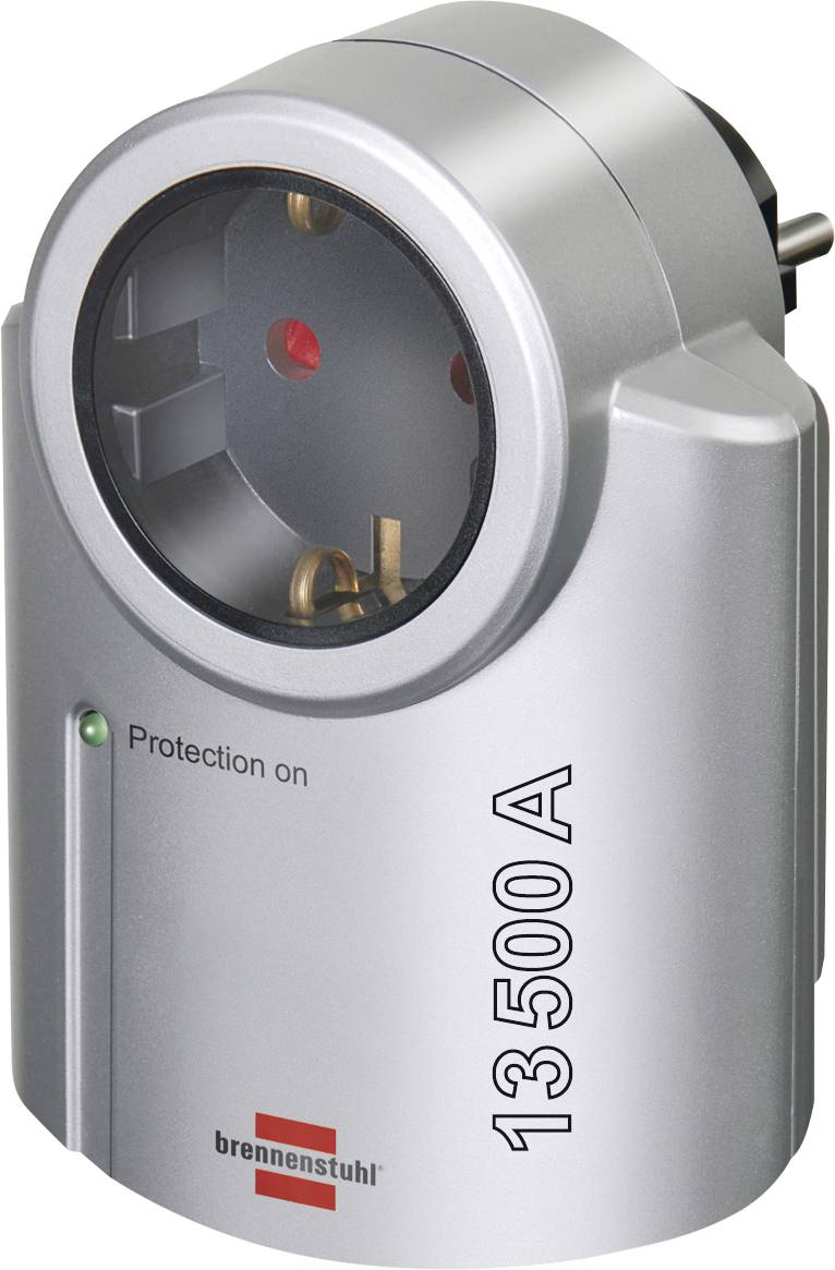 Adaptateur de prise électrique Silver 13500A avec housse de protection, indicateur vert « Protection activée » et marquage Brennenstuhl.