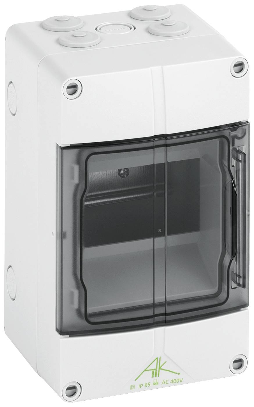 Un boîtier gris avec un couvercle transparent et plusieurs bornes en haut. Adapté pour les installations électriques en extérieur.