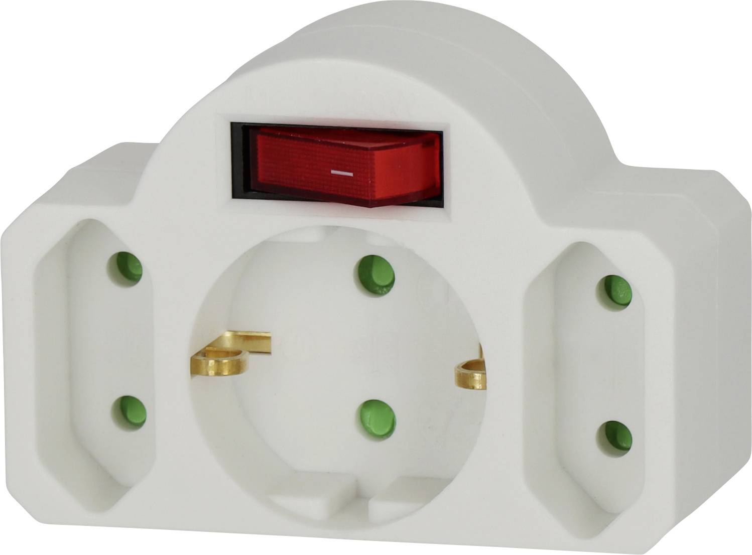 Adaptateur de prise électrique blanc avec un commutateur à bascule marche/arrêt rouge et des voyants indicateurs verts.