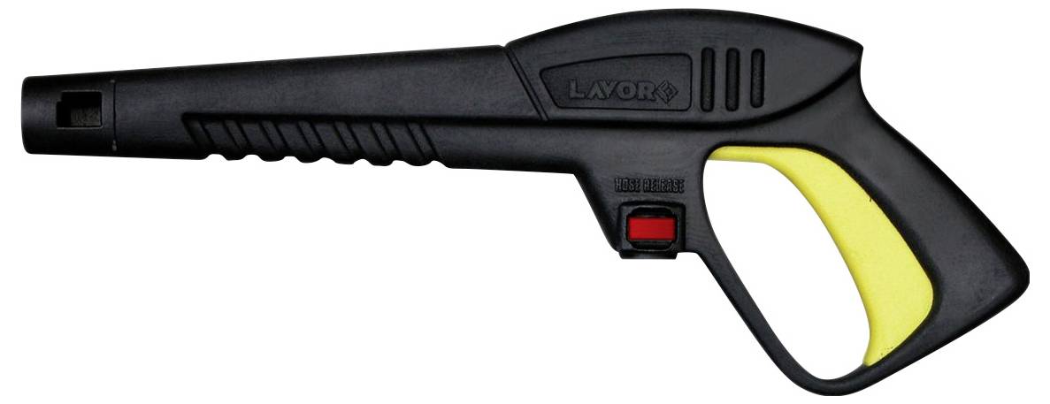 Pistolet de nettoyeur haute pression en plastique noir avec poignée jaune et bouton rouge. Marque Lavor.