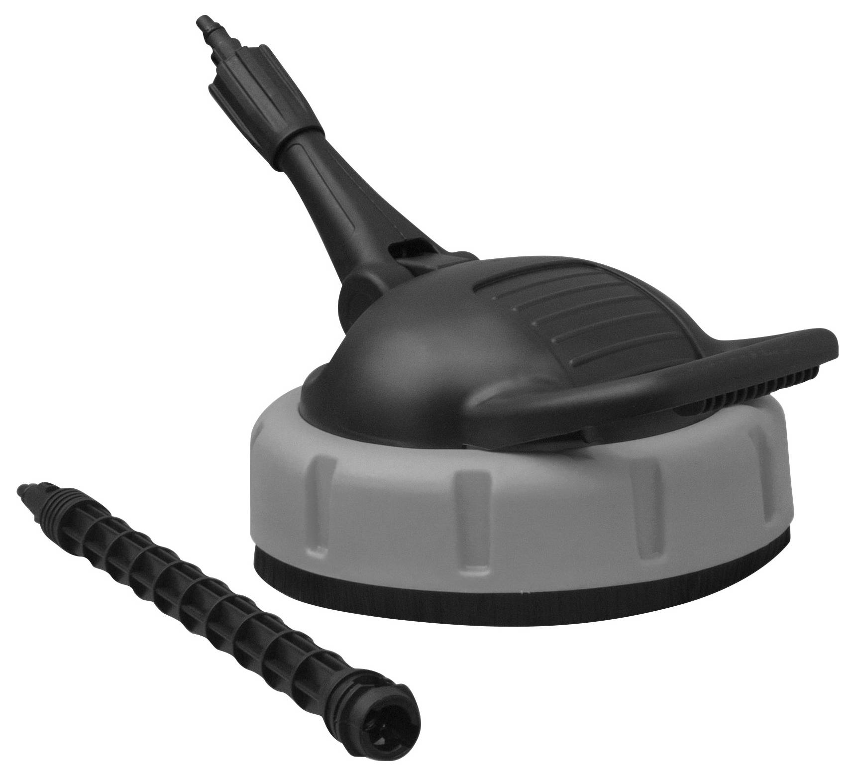 Nettoyeur de surface à tête de brosse ronde et poignée, adapté pour une utilisation avec des nettoyeurs haute pression, livré avec une perche d'extension.