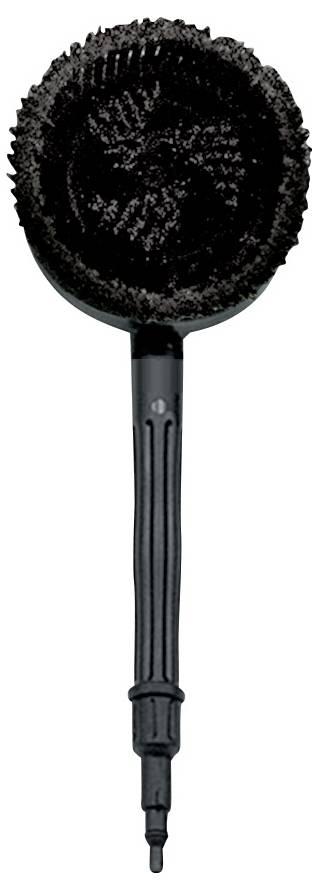 Une brosse de nettoyage ronde, noire, avec une longue poignée rainurée, adaptée à l'entretien automobile.