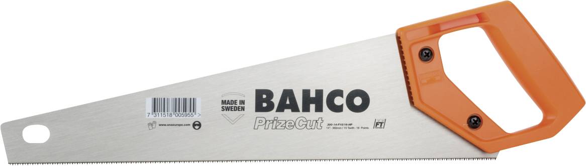 Eine Bügelsäge mit einem orangefarbenen Griff und der Aufschrift 'BAHCO Prize Cut' auf dem Sägeblatt.