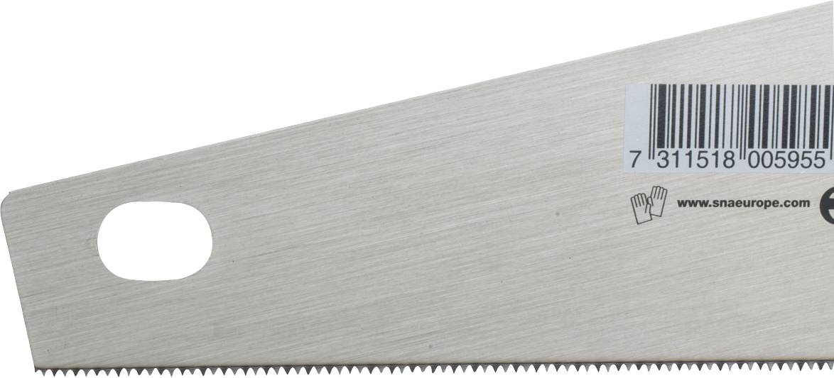 Metallsägeblatt mit Barcode und Hersteller-Website aufgedruckt, spitze Kanten sichtbar.