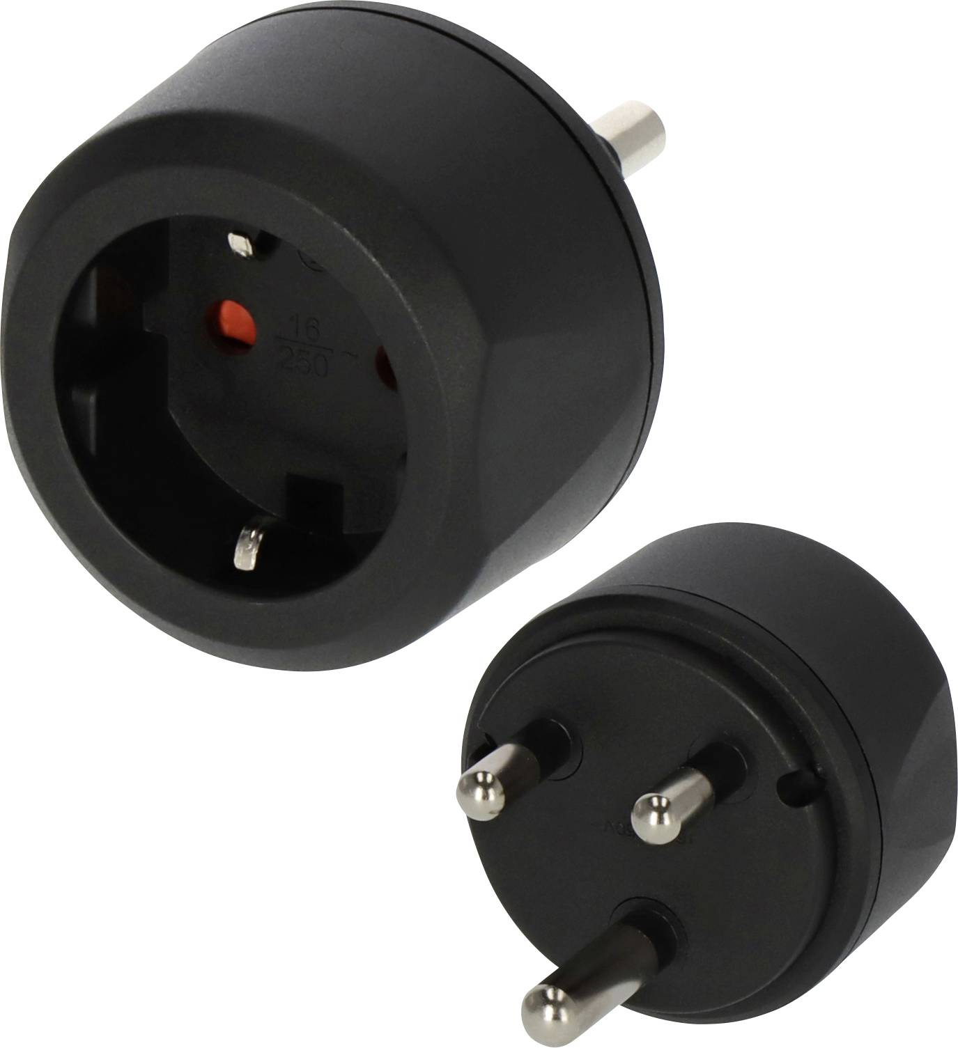 Adaptateur de prise noire avec fiche européenne à deux broches et prise universelle, présenté sur fond blanc.