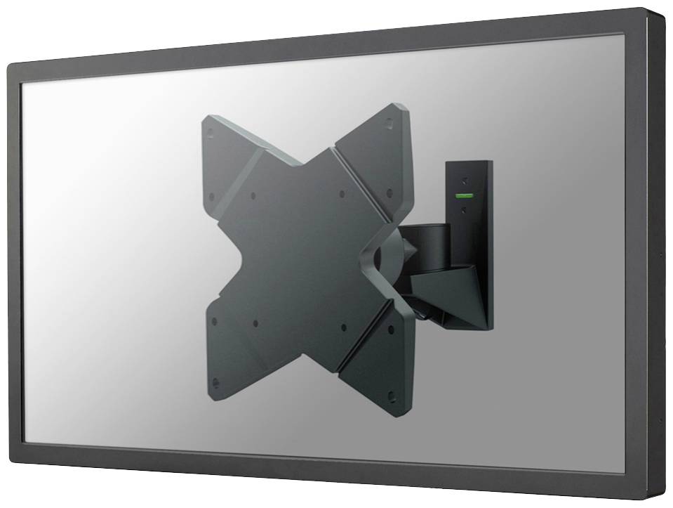 Un support de moniteur noir est fixé à un écran. Le support est monté sur un mur et inclinable.