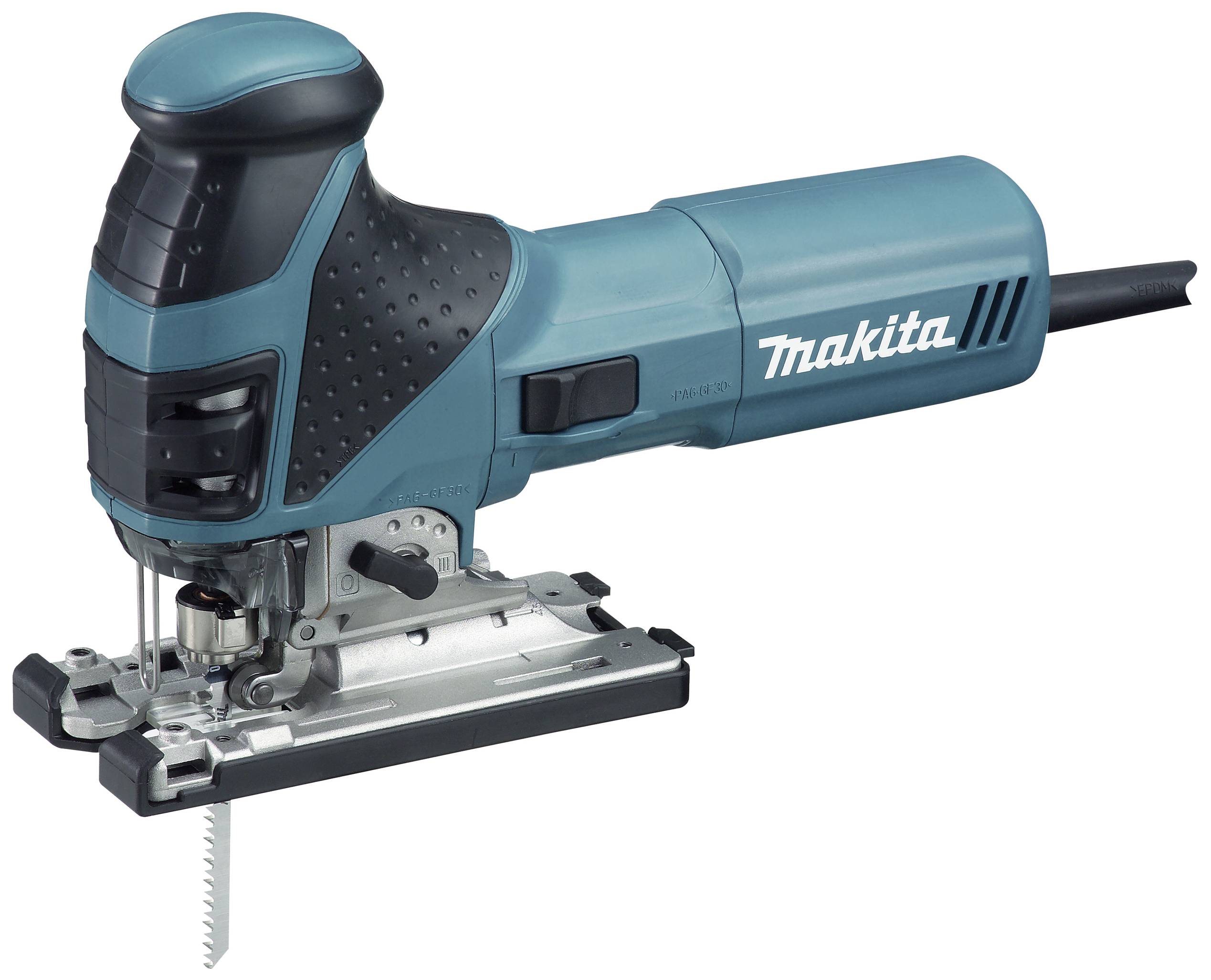 Une scie sauteuse électrique bleue avec une poignée noire et le nom de la marque sur le côté, adaptée pour des travaux de menuiserie précis.