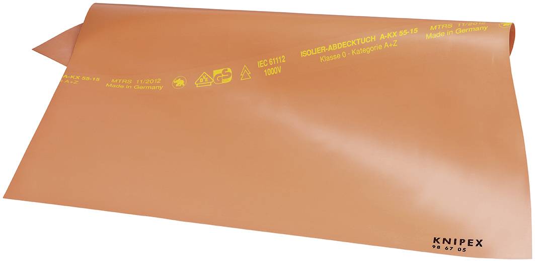 Un tapis d'isolation de sécurité orange, type 'Knipex 989705', 1000V, avec inscription jaune pour isolation électrique, fabriqué en Allemagne.