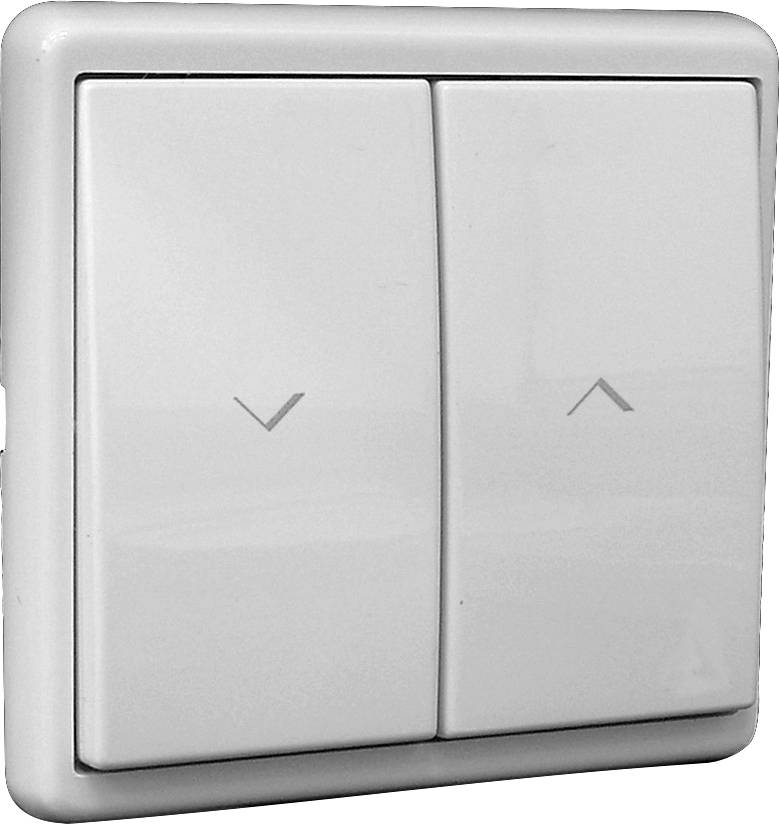 Un interrupteur double en plastique blanc avec des symboles de flèches orientées vers le haut et vers le bas.