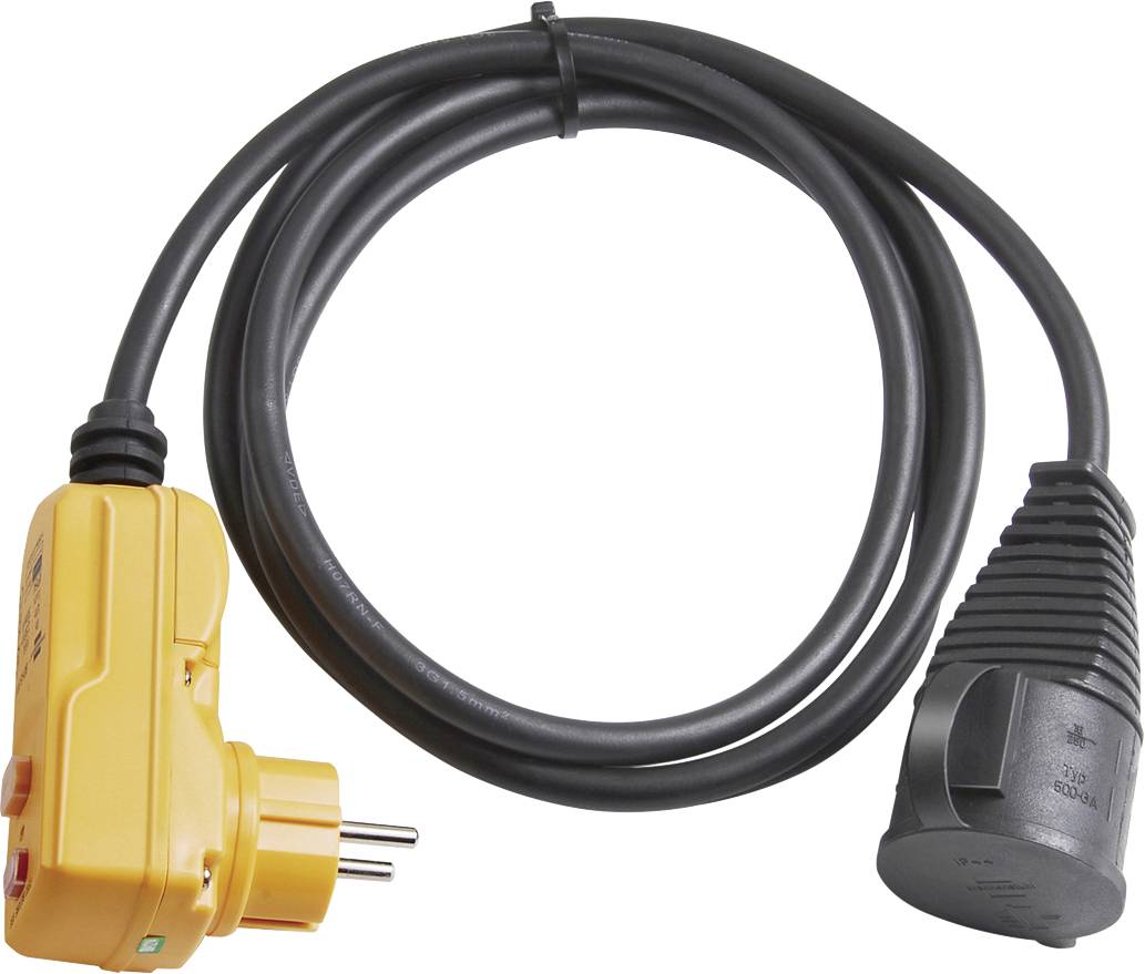Compteur électrique de puissance en ligne jaune avec un cordon noir et une prise, affichant un appareil de mesure de consommation électrique enfichable.