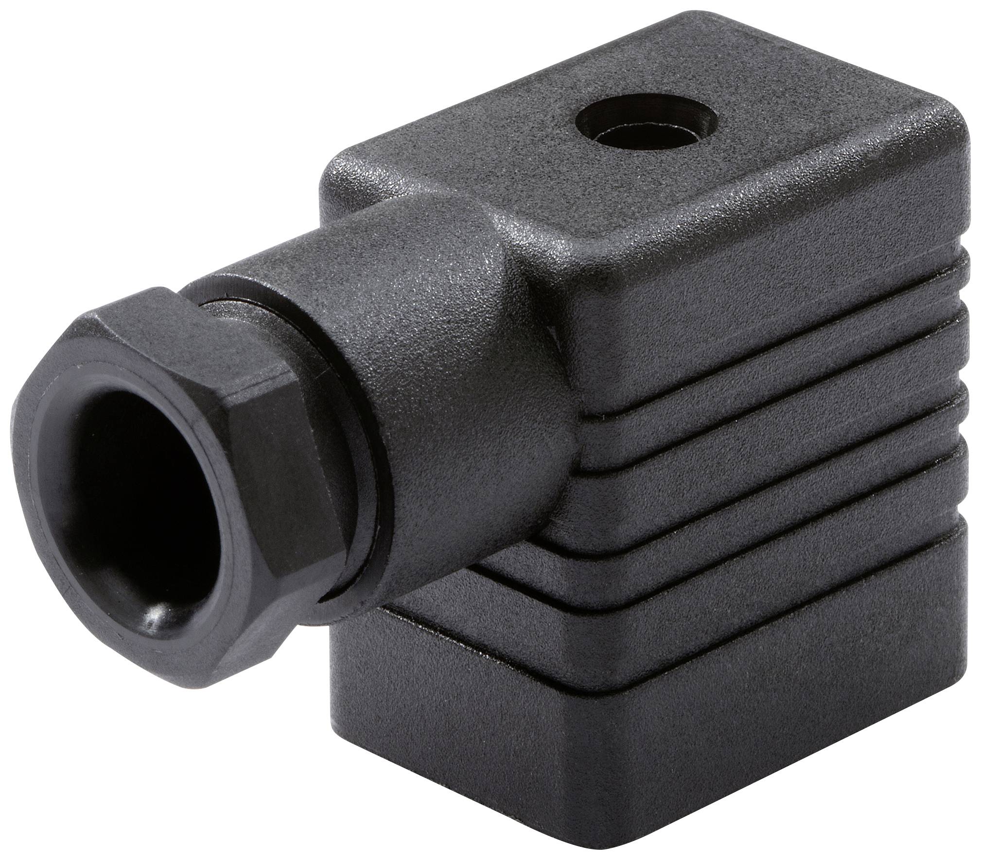 Un boîtier électrique rectangulaire noir avec une sortie de câble coudée, strié sur un côté, pour la protection et la connexion.