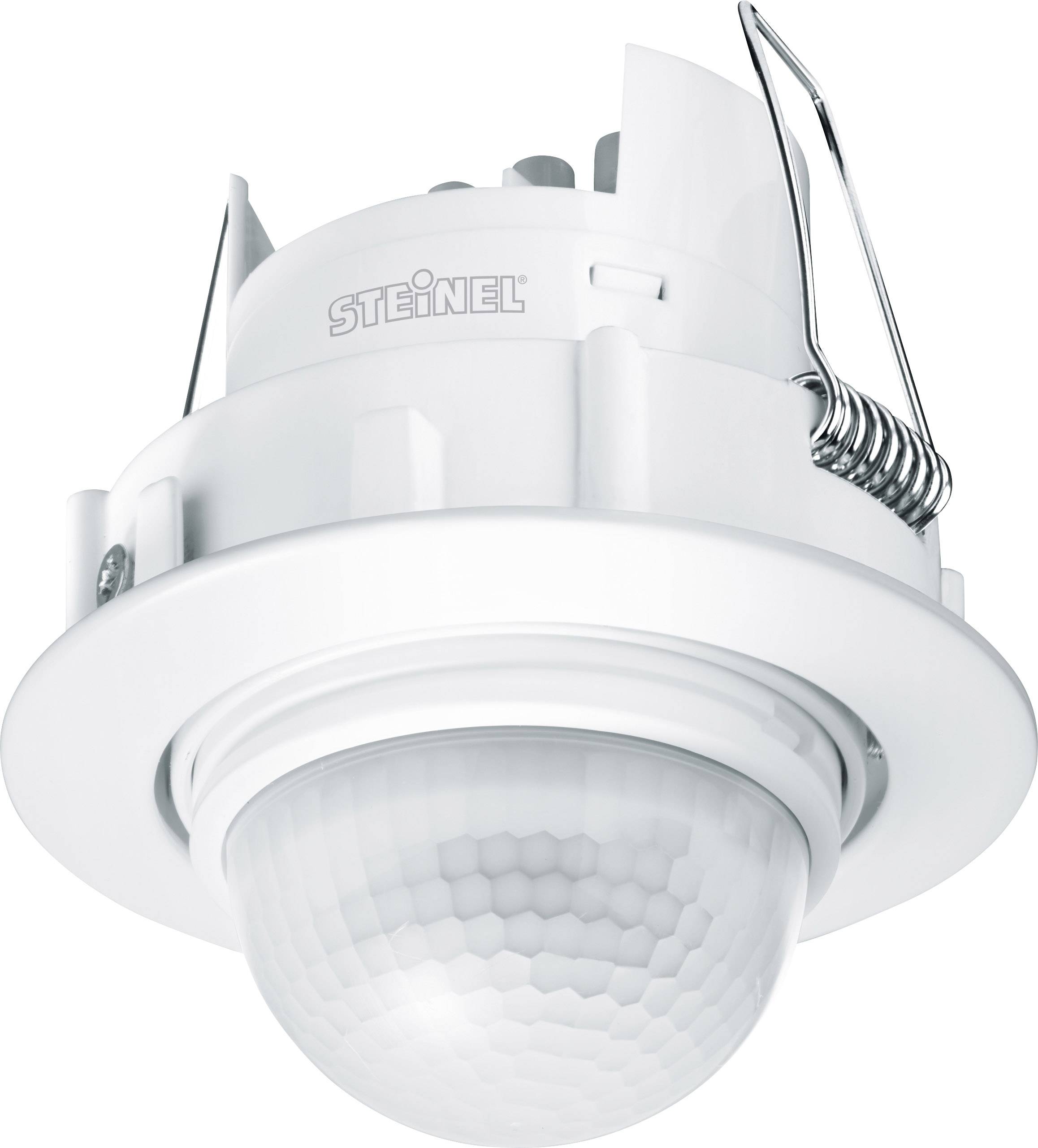 Un détecteur de mouvement blanc pour plafond avec lentille de capteur et ressorts de fixation, marque 'STEINEL'. Adapté pour les espaces intérieurs.