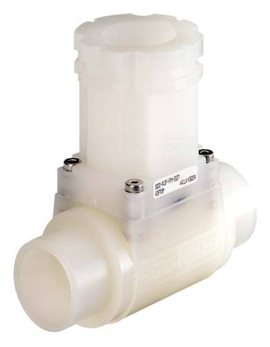 Une vanne en plastique blanc avec un boîtier cylindrique et deux ouvertures sur les côtés. Marquages de texte sur le dessus de la vanne.