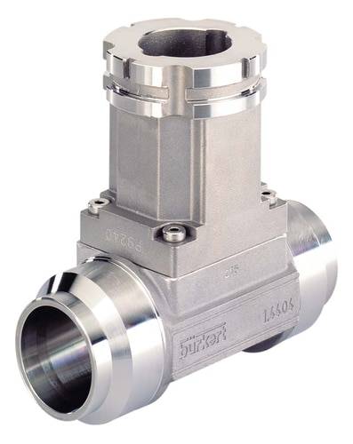 Vanne en acier inoxydable à structure cylindrique avec deux raccordements latéraux, adaptée aux applications industrielles.