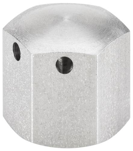 Bloc de métal hexagonal avec deux trous sur les côtés, lisse, argenté, sans décorations visibles ou composants supplémentaires.