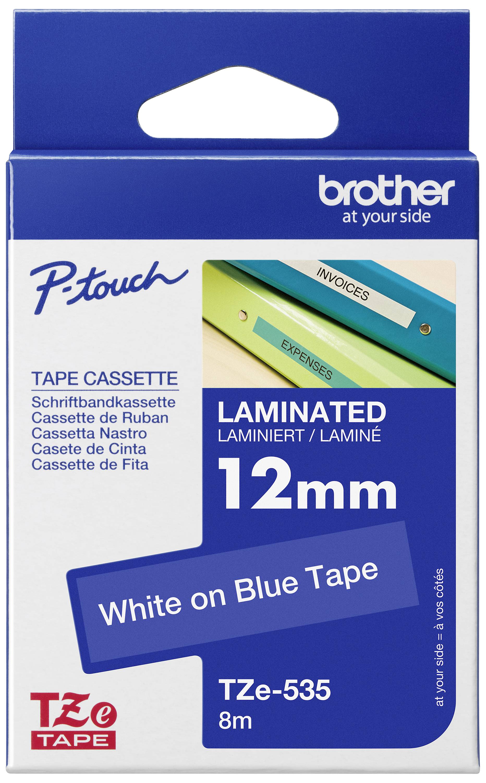Emballage d'une cassette de ruban Brother P-touch, laminée, 12mm, blanc sur bande bleue, 8m de long.