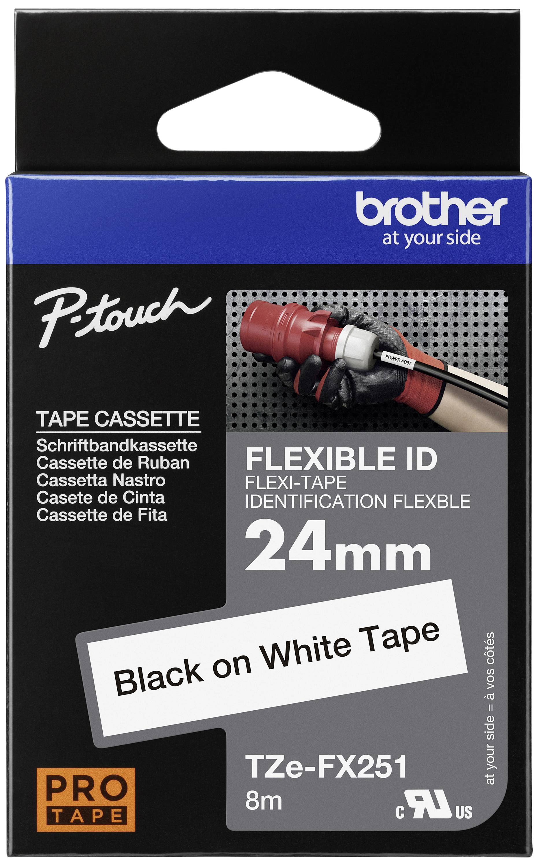 Texte noir sur ruban blanc, 24 mm 'Flexible ID' pour étiqueteuse, longueur 8 m. Marque : Brother P-Touch.