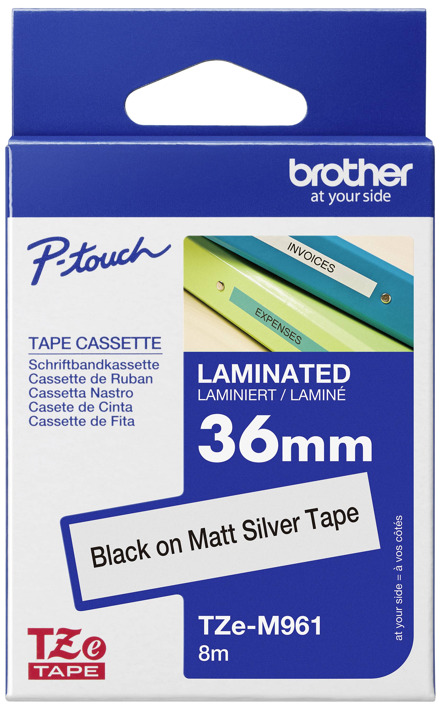 Emballage d'une cassette de ruban Brother P-touch, laminée, 36 mm, 8 m, noir sur argent mat, modèle TZe-M961.