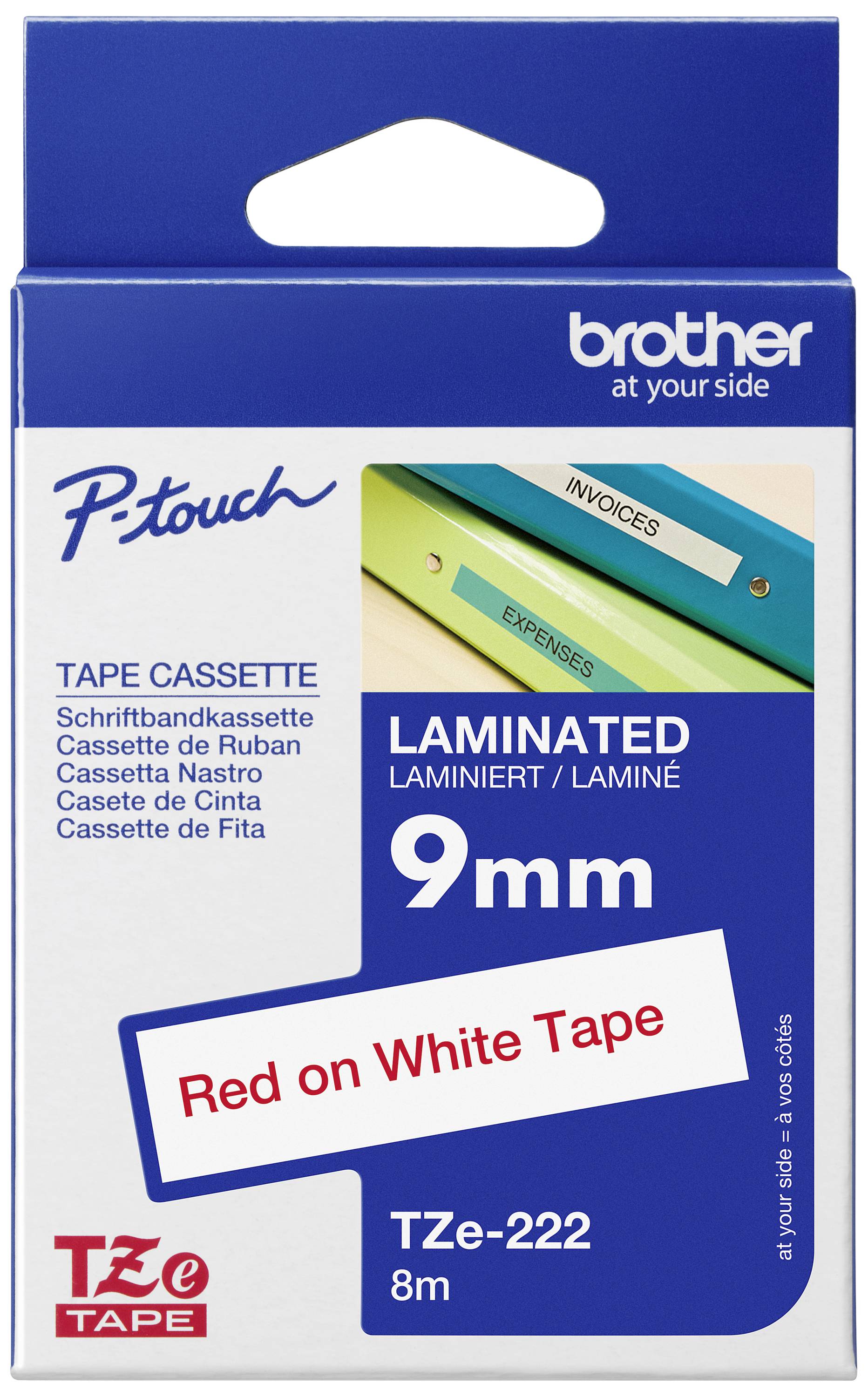 Emballage d'une cassette Brother P-touch, ruban laminé de 9 mm, rouge sur blanc. L'illustration montre des applications : 'FACTURES' et 'DÉPENSES'.