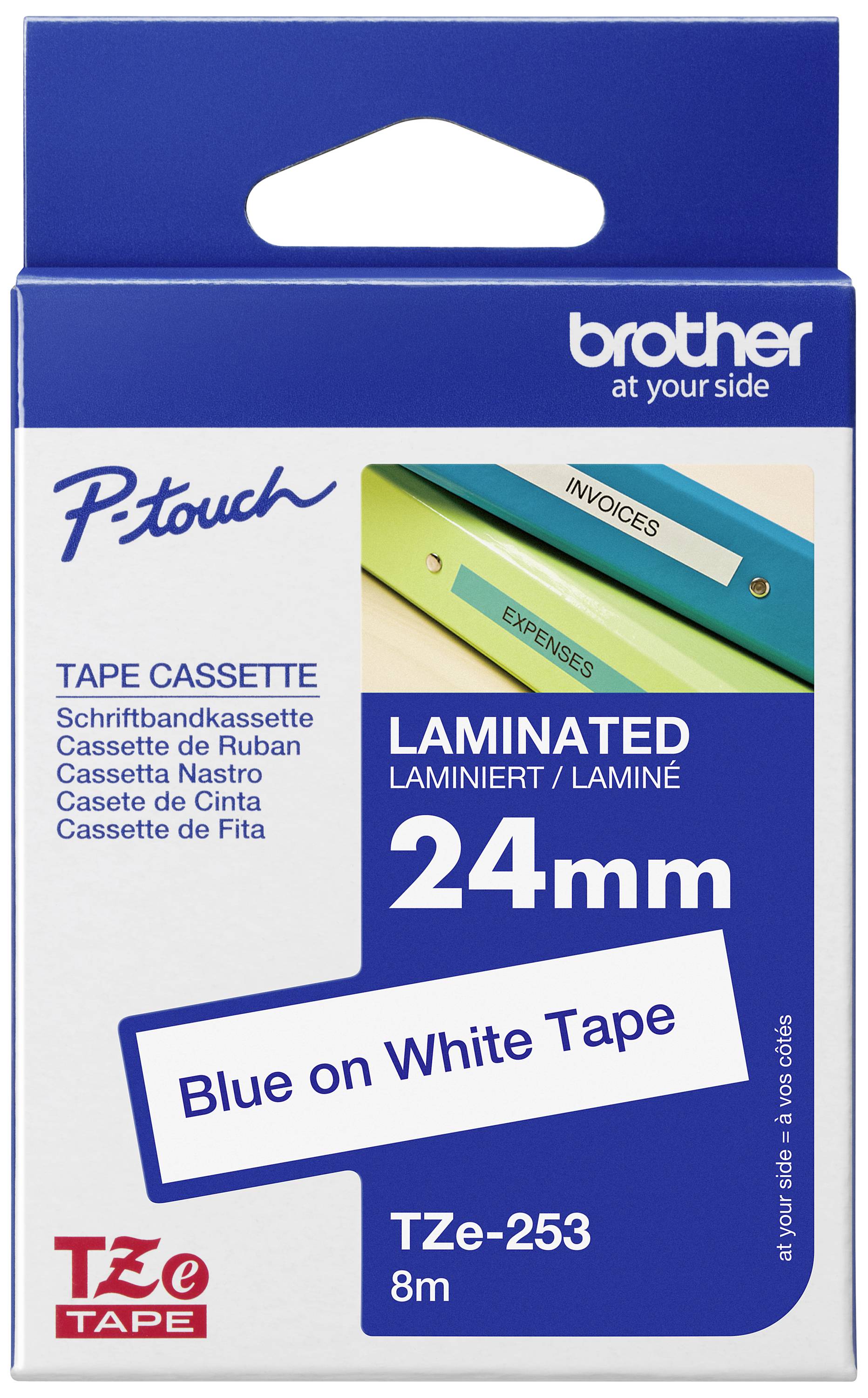 Cassette de ruban pour étiqueteuse, compatible Brother, largeur 24mm, laminage blanc, couleur bleue, longueur 8 mètres.
