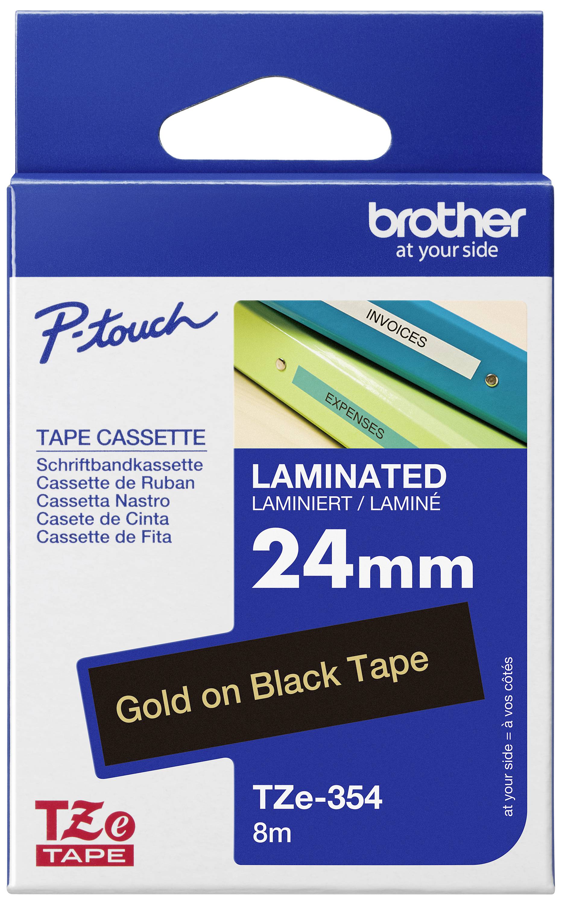 Cassette de ruban pour étiqueteuse Brother, largeur 24 mm, laminée. Exemple de présentation : 'FRAIS' en blanc sur fond noir.