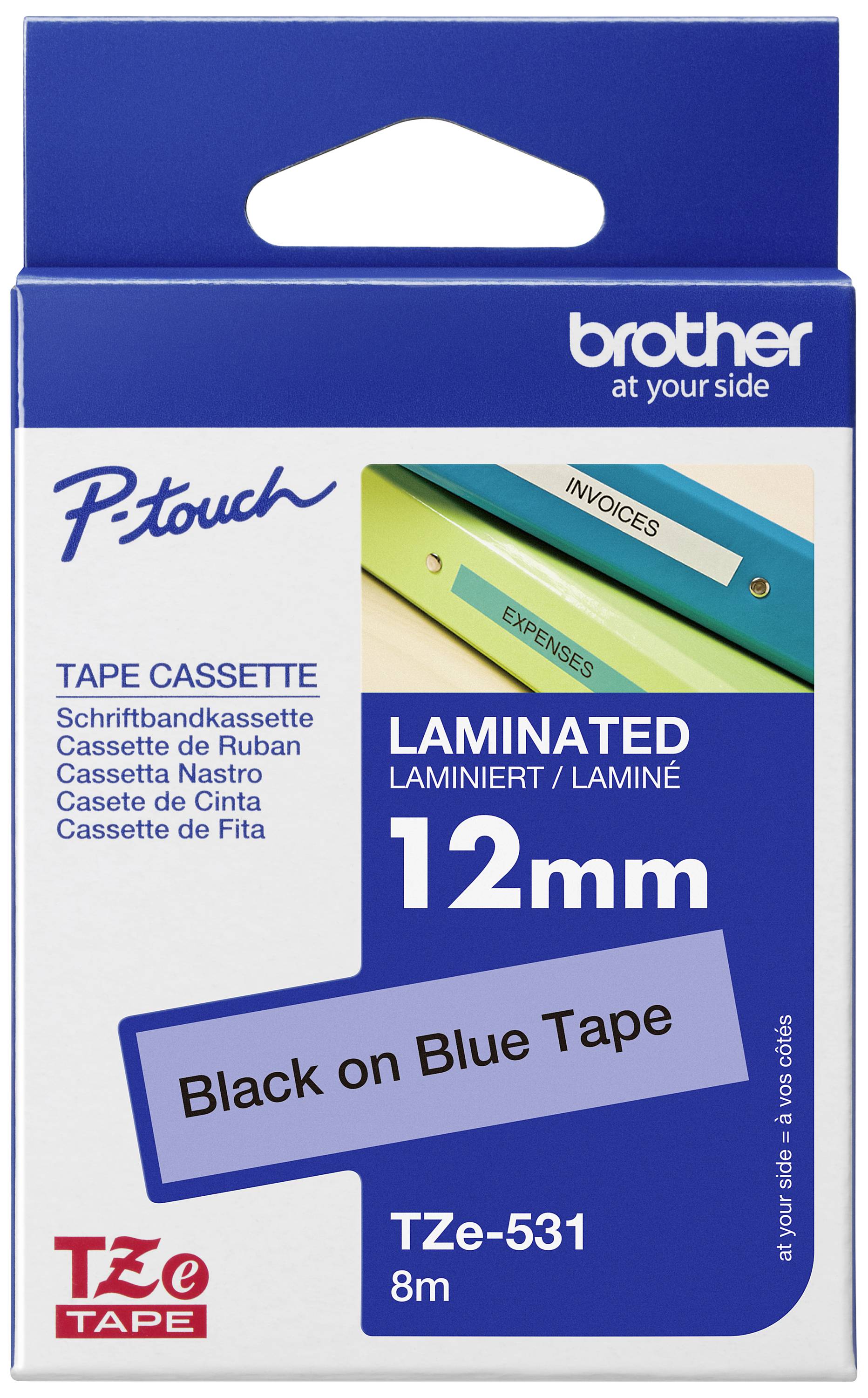 Emballage d'une cassette de ruban pour étiqueteuse Brother P-touch. Contient un ruban de 12 mm de large avec l'inscription 'Noir sur Bleu', long de 8 m.