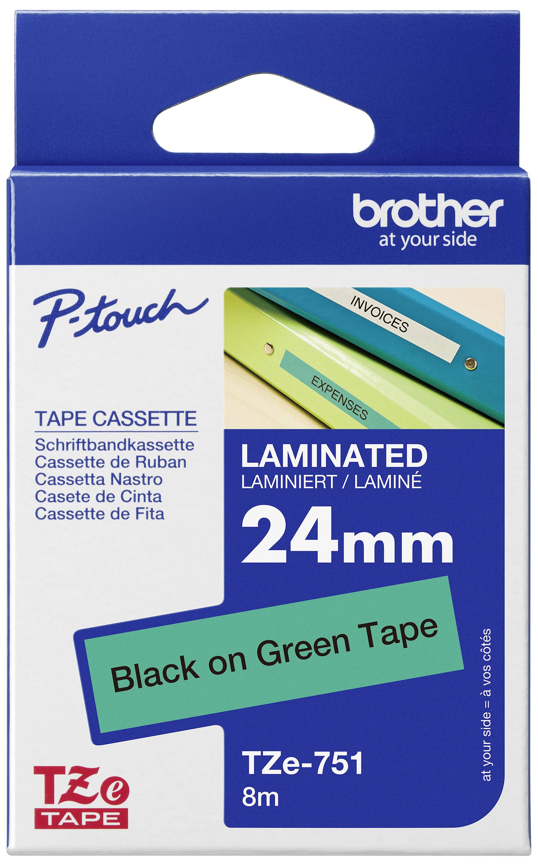 Ruban Brother P-touch TZe-751, laminé, 24 mm, 8 m de long, écriture noire sur fond vert, compatible avec les étiqueteuses.