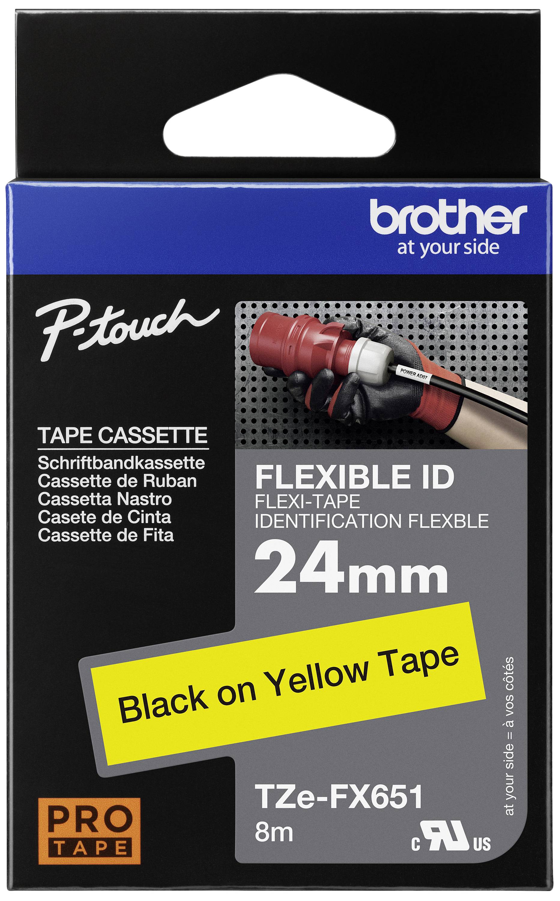 Emballage d'un ruban cassette Brother P-touch noir sur jaune, adapté à l'identification flexible, de 24 mm de large.